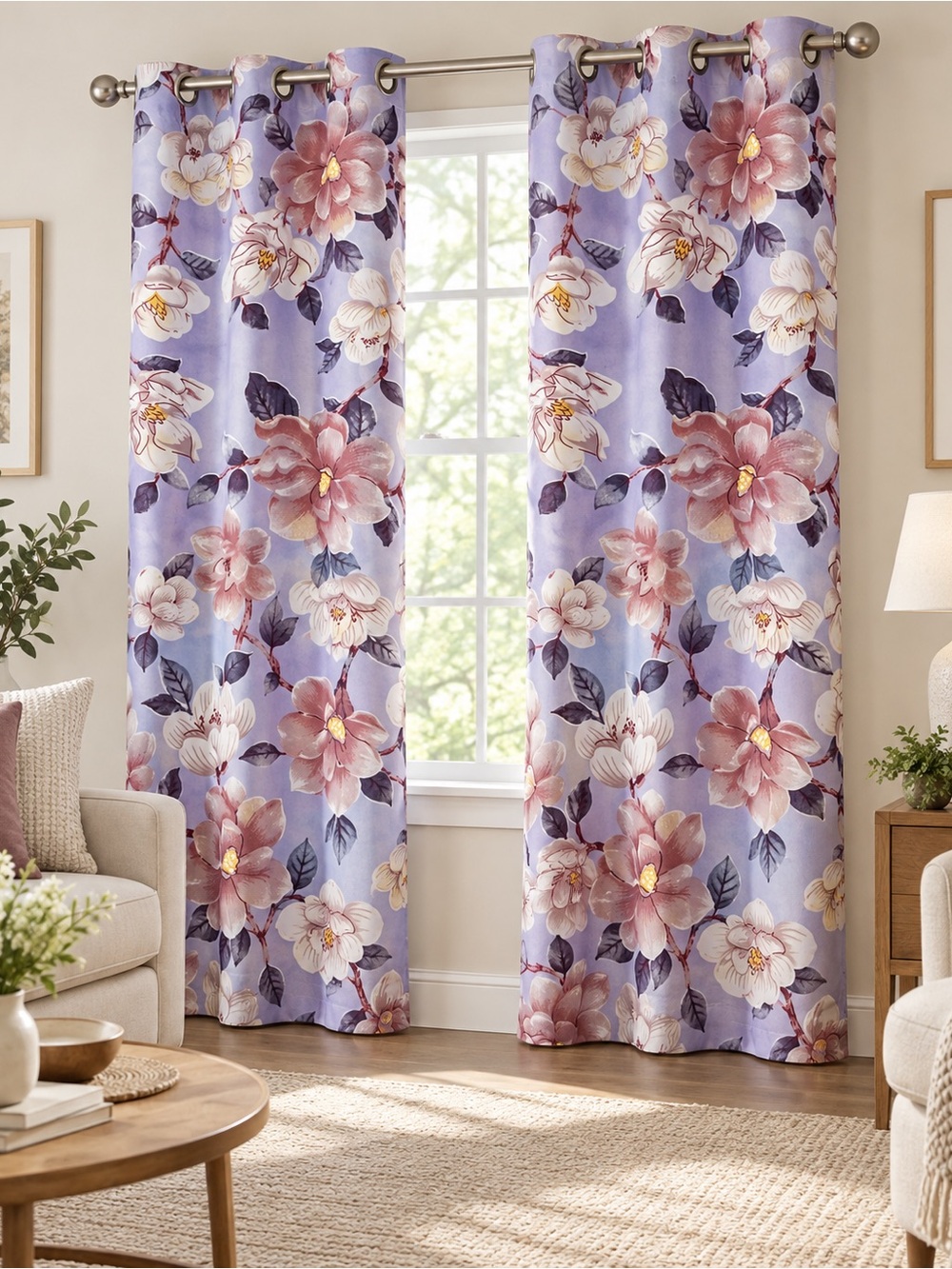 Floral Grommet Curtain Panel - Lavender and Pink